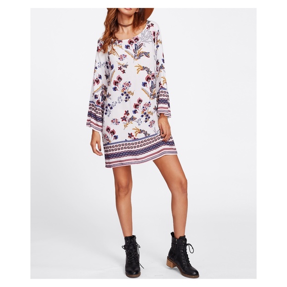 LAST ONE White Ornate Print Shift Boho Dress - Picture 2 of 5